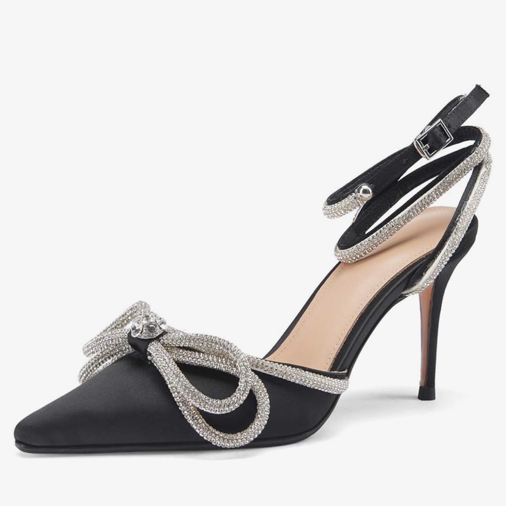 Black Satin Crystal Bow Pointed-Toe Stiletto Pump